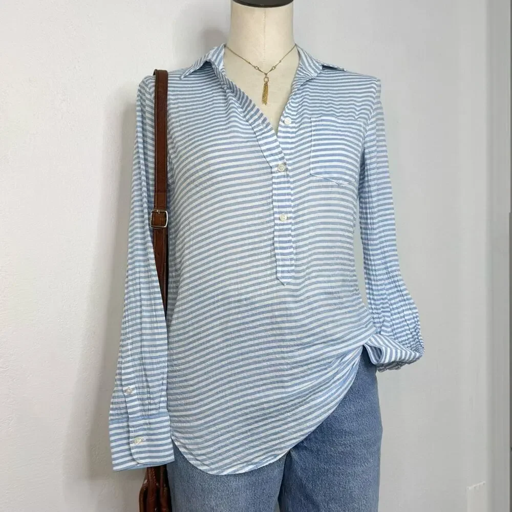 J.Crew Coastal Striped Cotton Popover – Blue White Seersucker Preppy Shirt XXS